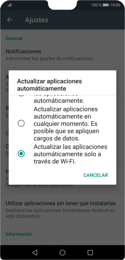 Para activar la actualización automática de apps utilizando la red móvil, pulsa Actualizar aplicaciones automáticamente en cualquier momento. Es posible que se apliquen cargos de datos..