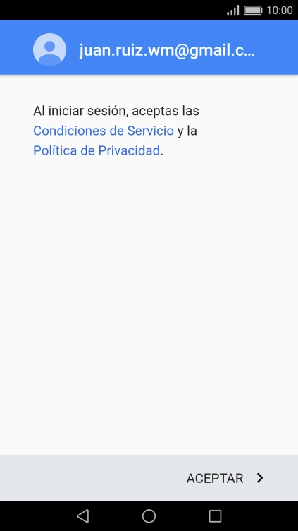 Pulsa ACEPTAR y sigue las indicaciones de la pantalla para seleccionar los ajustes de tu cuenta de Google. Pulsa ACEPTAR y sigue las indicaciones de la pantalla para seleccionar los ajustes de tu cuenta de Google.