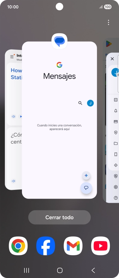 Para cerrar una sola aplicación en ejecución, desliza el dedo hacia arriba sobre la aplicación deseada. Para cerrar una sola aplicación en ejecución, desliza el dedo hacia arriba sobre la aplicación deseada.