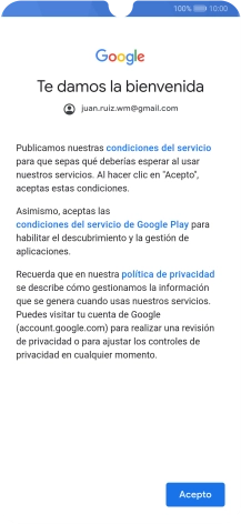 Pulsa Acepto y sigue las indicaciones de la pantalla para seleccionar los ajustes de tu cuenta de Google. Pulsa Acepto y sigue las indicaciones de la pantalla para seleccionar los ajustes de tu cuenta de Google.