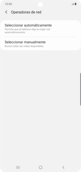Pulsa Seleccionar manualmente y espera mientras el teléfono está buscando redes. Pulsa Seleccionar manualmente y espera mientras el teléfono está buscando redes.