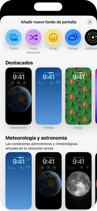 Pulsa una categoría y sigue las indicaciones de la pantalla para seleccionar la imagen de fondo deseada. Pulsa una categoría y sigue las indicaciones de la pantalla para seleccionar la imagen de fondo deseada.