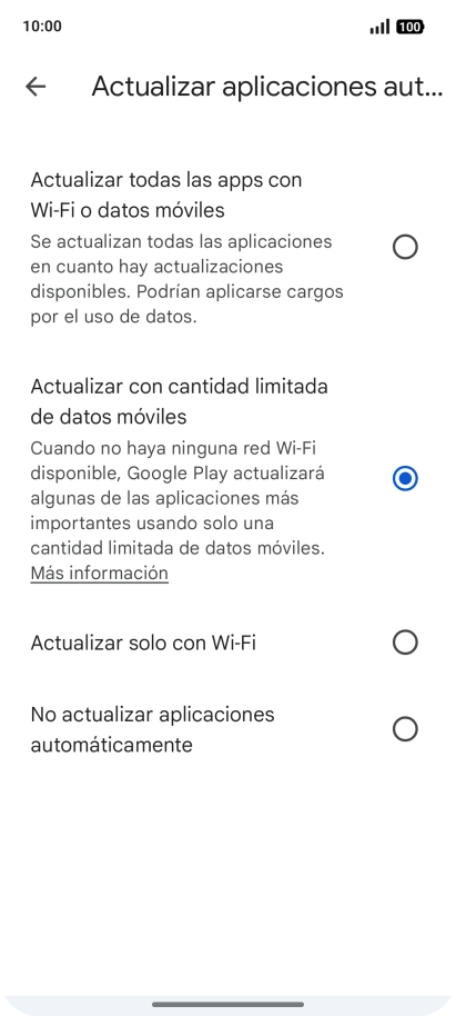Para activar la actualización automática de apps utilizando la red móvil, pulsa Actualizar todas las apps con Wi-Fi o datos móviles. Para activar la actualización automática de apps utilizando la red móvil, pulsa Actualizar todas las apps con Wi-Fi o datos móviles.