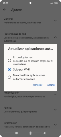 Para activar la actualización automática de apps utilizando la red móvil, pulsa En cualquier red. Para activar la actualización automática de apps utilizando la red móvil, pulsa En cualquier red.