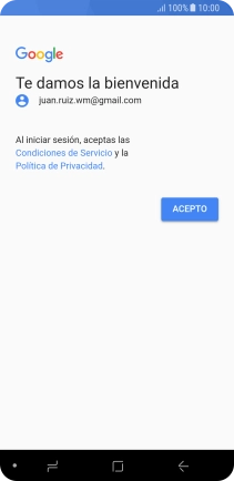 Pulsa ACEPTO y sigue las indicaciones de la pantalla para seleccionar los ajustes de tu cuenta de Google. Pulsa ACEPTO y sigue las indicaciones de la pantalla para seleccionar los ajustes de tu cuenta de Google.