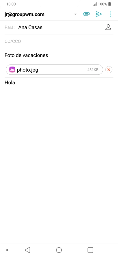 Pulsa el icono de envío cuando termines de escribir el correo electrónico. Pulsa el icono de envío cuando termines de escribir el correo electrónico.