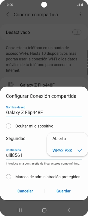 Pulsa WPA2 PSK para proteger la conexión wifi con una contraseña.