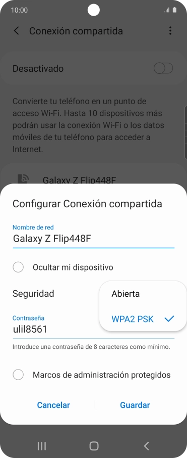 Pulsa WPA2 PSK para proteger la conexión wifi con una contraseña.