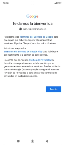 Pulsa Acepto y sigue las indicaciones de la pantalla para seleccionar los ajustes de tu cuenta de Google. Pulsa Acepto y sigue las indicaciones de la pantalla para seleccionar los ajustes de tu cuenta de Google.