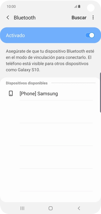 Pulsa el dispositivo Bluetooth deseado y sigue las indicaciones de la pantalla para vincular el dispositivo al teléfono. Pulsa el dispositivo Bluetooth deseado y sigue las indicaciones de la pantalla para vincular el dispositivo al teléfono.