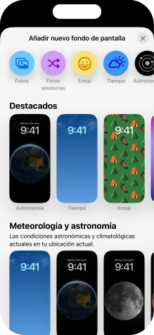 Pulsa una categoría y sigue las indicaciones de la pantalla para seleccionar la imagen de fondo deseada. Pulsa una categoría y sigue las indicaciones de la pantalla para seleccionar la imagen de fondo deseada.