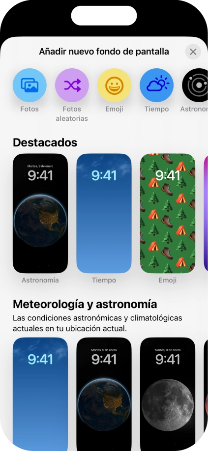 Pulsa una categoría y sigue las indicaciones de la pantalla para seleccionar la imagen de fondo deseada. Pulsa una categoría y sigue las indicaciones de la pantalla para seleccionar la imagen de fondo deseada.