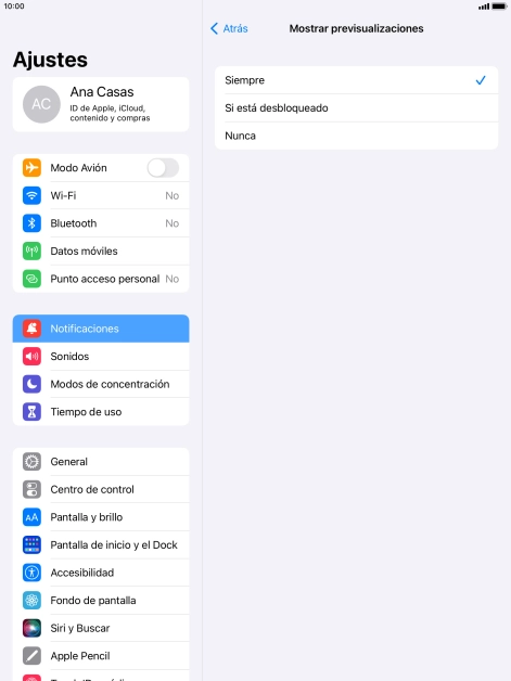 Para seleccionar la vista previa de las notificaciones en la pantalla de bloqueo, pulsa Siempre. Para seleccionar la vista previa de las notificaciones en la pantalla de bloqueo, pulsa Siempre.