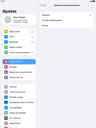 Para seleccionar la vista previa de las notificaciones en la pantalla de bloqueo, pulsa Siempre. Para seleccionar la vista previa de las notificaciones en la pantalla de bloqueo, pulsa Siempre.