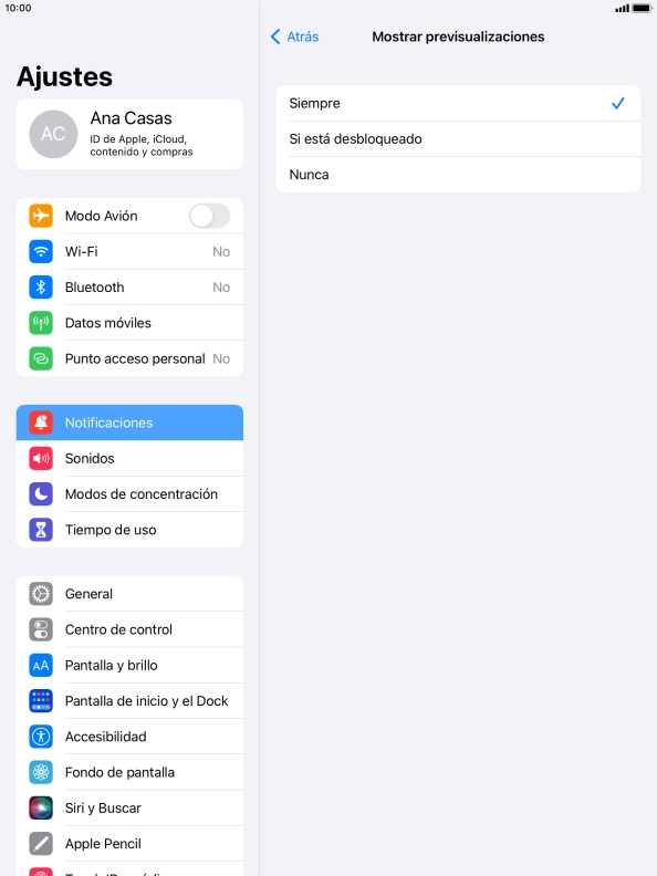 Para seleccionar la vista previa de las notificaciones en la pantalla de bloqueo, pulsa Siempre. Para seleccionar la vista previa de las notificaciones en la pantalla de bloqueo, pulsa Siempre.