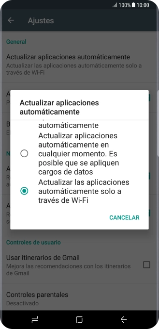 Pulsa Actualizar las aplicaciones automáticamente solo a través de Wi-Fi para activar la función. Pulsa Actualizar las aplicaciones automáticamente solo a través de Wi-Fi para activar la función.