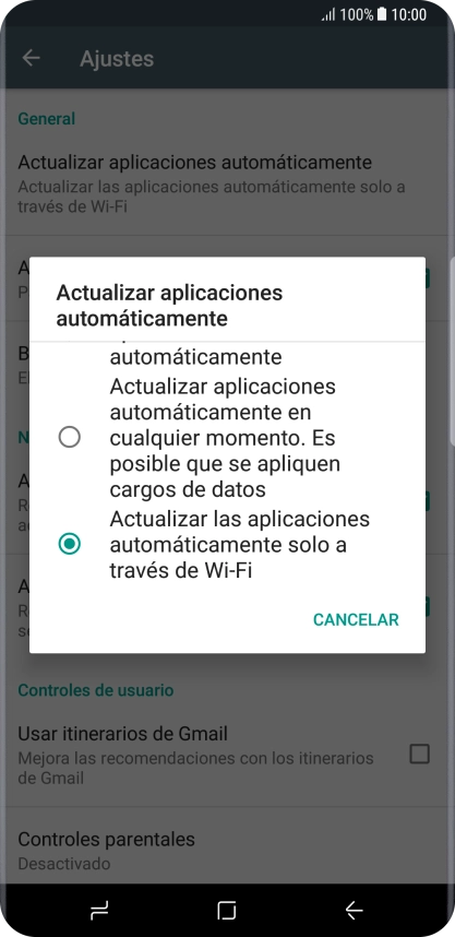 Pulsa Actualizar las aplicaciones automáticamente solo a través de Wi-Fi para activar la función. Pulsa Actualizar las aplicaciones automáticamente solo a través de Wi-Fi para activar la función.