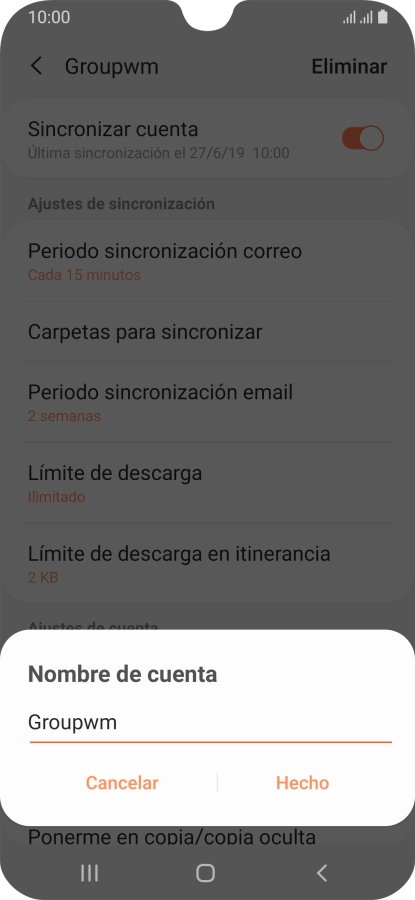 Introduce el nombre deseado de la cuenta de correo electrónico y pulsa Hecho. Introduce el nombre deseado de la cuenta de correo electrónico y pulsa Hecho.