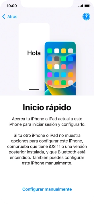 Sigue las indicaciones de la pantalla para transferir contenido de otro dispositivo iOS11 o con una versión más reciente o pulsa Configurar manualmente. Sigue las indicaciones de la pantalla para transferir contenido de otro dispositivo iOS11 o con una versión más reciente o pulsa Configurar manualmente.