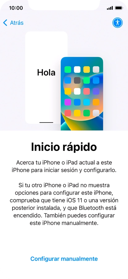 Sigue las indicaciones de la pantalla para transferir contenido de otro dispositivo iOS11 o con una versión más reciente o pulsa Configurar manualmente. Sigue las indicaciones de la pantalla para transferir contenido de otro dispositivo iOS11 o con una versión más reciente o pulsa Configurar manualmente.