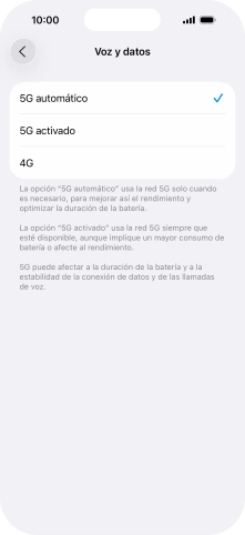 Si deseas activar el cambio automático entre una red 5G y 4G, pulsa 5G automático. Si deseas activar el cambio automático entre una red 5G y 4G, pulsa 5G automático.