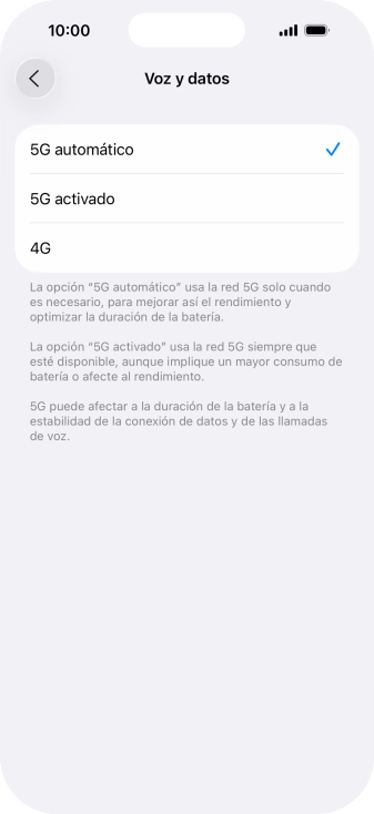 Si deseas activar el cambio automático entre una red 5G y 4G, pulsa 5G automático. Si deseas activar el cambio automático entre una red 5G y 4G, pulsa 5G automático.