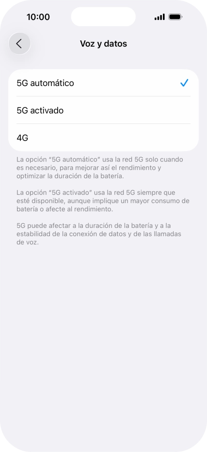 Si deseas activar el cambio automático entre una red 5G y 4G, pulsa 5G automático. Si deseas activar el cambio automático entre una red 5G y 4G, pulsa 5G automático.