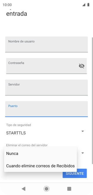 Pulsa Nunca para conservar los correos electrónicos en el servidor cuando los borras del teléfono.