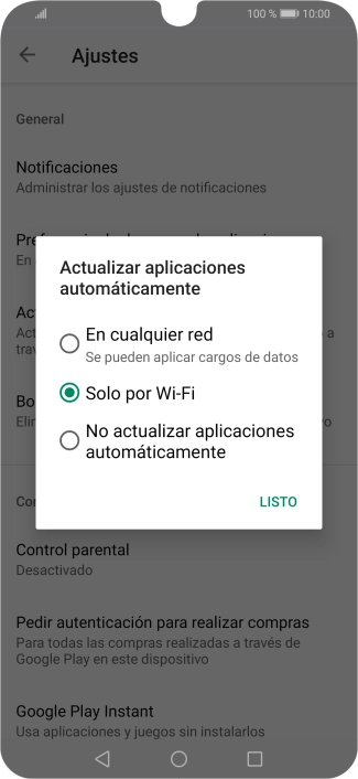 Para activar la actualización automática de apps utilizando la red móvil, pulsa En cualquer red. Se pueden aplicar cargos de datos. Para activar la actualización automática de apps utilizando la red móvil, pulsa En cualquer red. Se pueden aplicar cargos de datos.