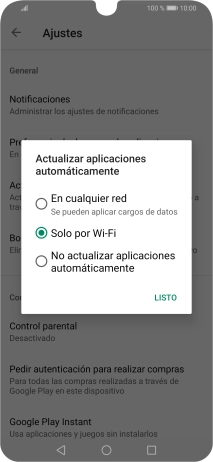 Para activar la actualización automática de apps utilizando la red móvil, pulsa En cualquer red. Se pueden aplicar cargos de datos. Para activar la actualización automática de apps utilizando la red móvil, pulsa En cualquer red. Se pueden aplicar cargos de datos.