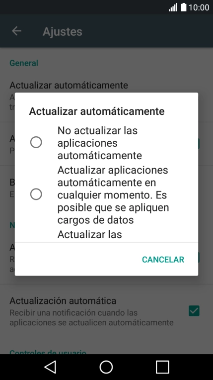 Pulsa No actualizar las aplicaciones automáticamente para desactivar la función. Pulsa No actualizar las aplicaciones automáticamente para desactivar la función.