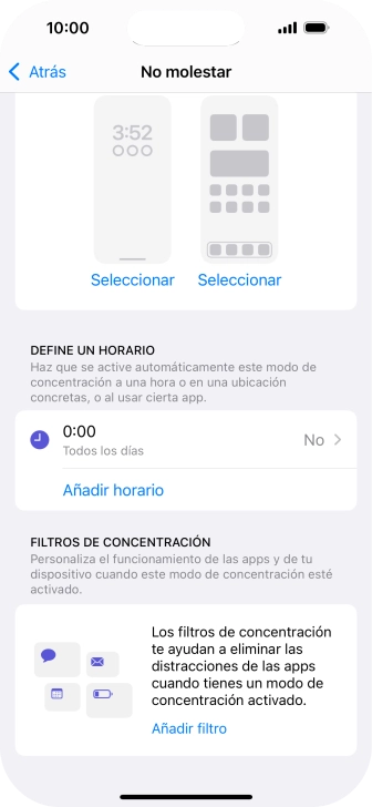 Pulsa Añadir horario y sigue las indicaciones de la pantalla para seleccionar los ajustes de la activación automática de No molestar. Pulsa Añadir horario y sigue las indicaciones de la pantalla para seleccionar los ajustes de la activación automática de No molestar.