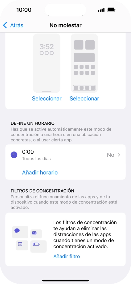 Pulsa Añadir horario y sigue las indicaciones de la pantalla para seleccionar los ajustes de la activación automática de No molestar. Pulsa Añadir horario y sigue las indicaciones de la pantalla para seleccionar los ajustes de la activación automática de No molestar.