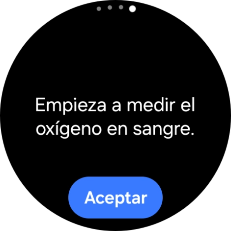 Pulsa Aceptar y espera mientra el smartwatch está midiendo la saturación de oxígeno en sangre. Pulsa Aceptar y espera mientra el smartwatch está midiendo la saturación de oxígeno en sangre.