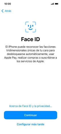 Sigue las indicaciones de la pantalla para activar el uso del reconocimiento facial (Face ID) o pulsa Configurar más tarde. Sigue las indicaciones de la pantalla para activar el uso del reconocimiento facial (Face ID) o pulsa Configurar más tarde.