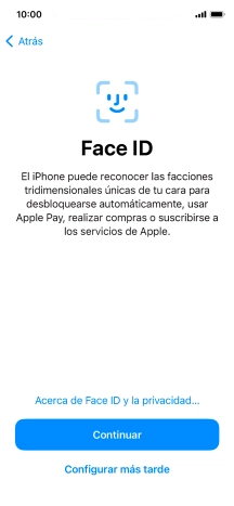 Sigue las indicaciones de la pantalla para activar el uso del reconocimiento facial (Face ID) o pulsa Configurar más tarde. Sigue las indicaciones de la pantalla para activar el uso del reconocimiento facial (Face ID) o pulsa Configurar más tarde.