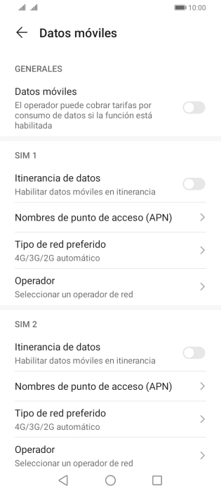 Pulsa Operador bajo la tarjeta SIM deseada.