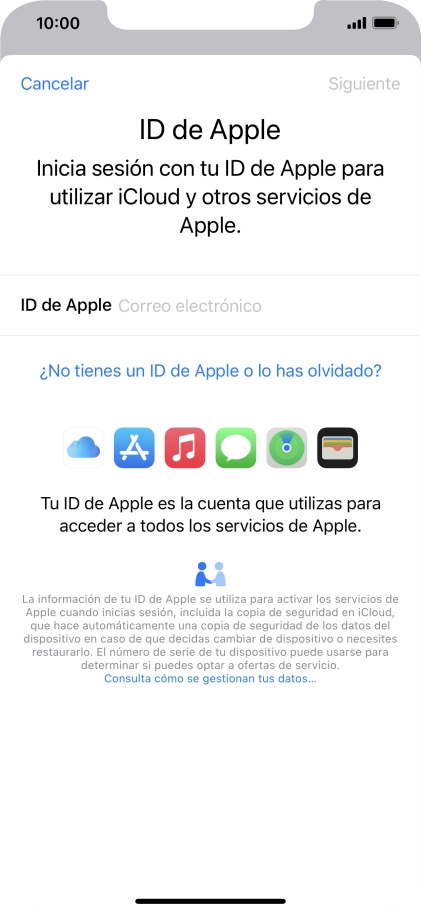 Si no tienes un ID de Apple, pulsa ¿No tienes un ID de Apple o lo has olvidado? y sigue las indicaciones de la pantalla para ver cómo crear un ID de Apple. Si no tienes un ID de Apple, pulsa ¿No tienes un ID de Apple o lo has olvidado? y sigue las indicaciones de la pantalla para ver cómo crear un ID de Apple.