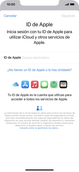 Si no tienes un ID de Apple, pulsa ¿No tienes un ID de Apple o lo has olvidado? y sigue las indicaciones de la pantalla para ver cómo crear un ID de Apple. Si no tienes un ID de Apple, pulsa ¿No tienes un ID de Apple o lo has olvidado? y sigue las indicaciones de la pantalla para ver cómo crear un ID de Apple.