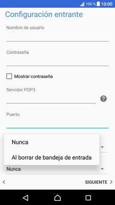 Pulsa Nunca para conservar los correos electrónicos en el servidor cuando los borras del teléfono. Pulsa Nunca para conservar los correos electrónicos en el servidor cuando los borras del teléfono.