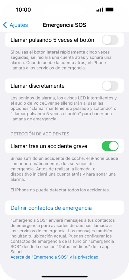 Pulsa Definir contactos de emergencia y sigue las indicaciones de la pantalla para insertar la información y tus contactos de emergencia. Pulsa Definir contactos de emergencia y sigue las indicaciones de la pantalla para insertar la información y tus contactos de emergencia.
