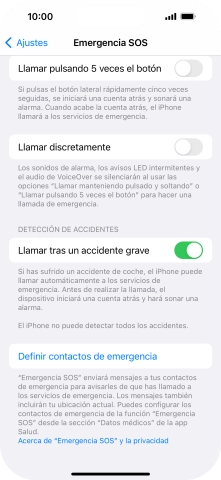 Pulsa Definir contactos de emergencia y sigue las indicaciones de la pantalla para insertar la información y tus contactos de emergencia. Pulsa Definir contactos de emergencia y sigue las indicaciones de la pantalla para insertar la información y tus contactos de emergencia.