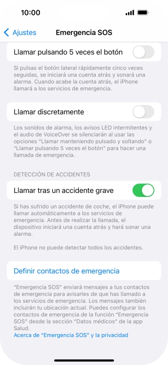 Pulsa Definir contactos de emergencia y sigue las indicaciones de la pantalla para insertar la información y tus contactos de emergencia. Pulsa Definir contactos de emergencia y sigue las indicaciones de la pantalla para insertar la información y tus contactos de emergencia.