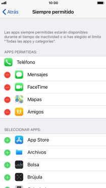 Pulsa el icono de eliminar junto a la app deseada para borrarla de la lista de apps permitidas bajo el tiempo de inactividad de pantalla. Pulsa el icono de eliminar junto a la app deseada para borrarla de la lista de apps permitidas bajo el tiempo de inactividad de pantalla.