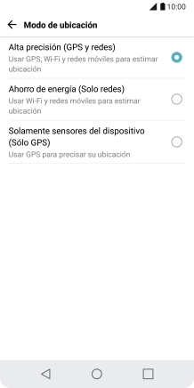 Si seleccionas Alta precisión (GPS y redes), el teléfono podrá encontrar tu posición exacta con ayuda de los satélites GPS, la red móvil y una red wifi cercana. El GPS por satélite requiere vista libre al cielo. Si seleccionas Alta precisión (GPS y redes), el teléfono podrá encontrar tu posición exacta con ayuda de los satélites GPS, la red móvil y una red wifi cercana. El GPS por satélite requiere vista libre al cielo.