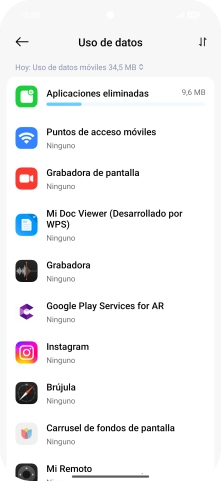 El consumo de datos por cada aplicación aparece bajo el nombre de la aplicación. El consumo de datos por cada aplicación aparece bajo el nombre de la aplicación.