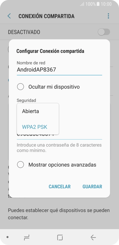 Pulsa WPA2 PSK para proteger la conexión wifi con una contraseña. Pulsa WPA2 PSK para proteger la conexión wifi con una contraseña.