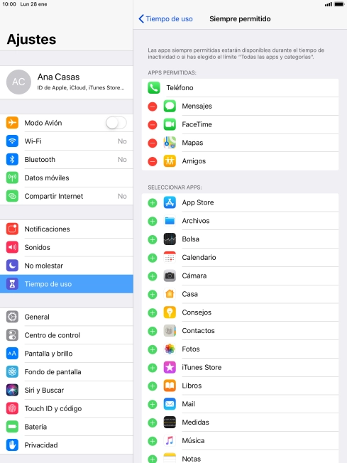 Pulsa el icono de eliminar junto a la app deseada para borrarla de la lista de apps permitidas bajo el tiempo de inactividad de pantalla. Pulsa el icono de eliminar junto a la app deseada para borrarla de la lista de apps permitidas bajo el tiempo de inactividad de pantalla.
