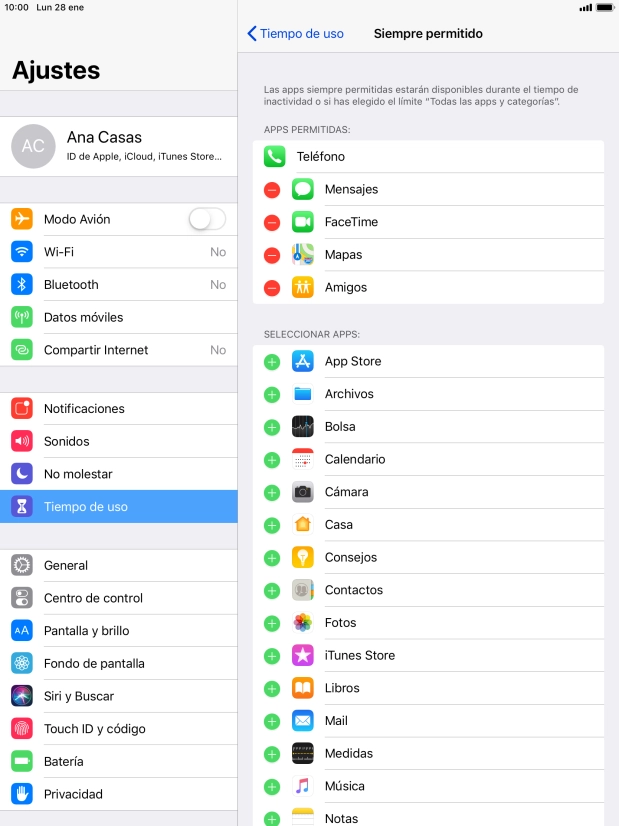Pulsa el icono de eliminar junto a la app deseada para borrarla de la lista de apps permitidas bajo el tiempo de inactividad de pantalla. Pulsa el icono de eliminar junto a la app deseada para borrarla de la lista de apps permitidas bajo el tiempo de inactividad de pantalla.