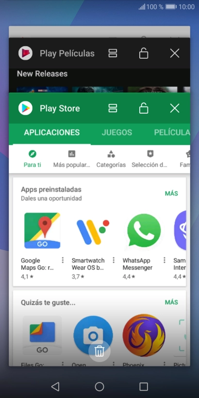 Para cerrar una sola aplicación en ejecución, desliza el dedo hacia la derecha sobre la aplicación deseada. Para cerrar una sola aplicación en ejecución, desliza el dedo hacia la derecha sobre la aplicación deseada.